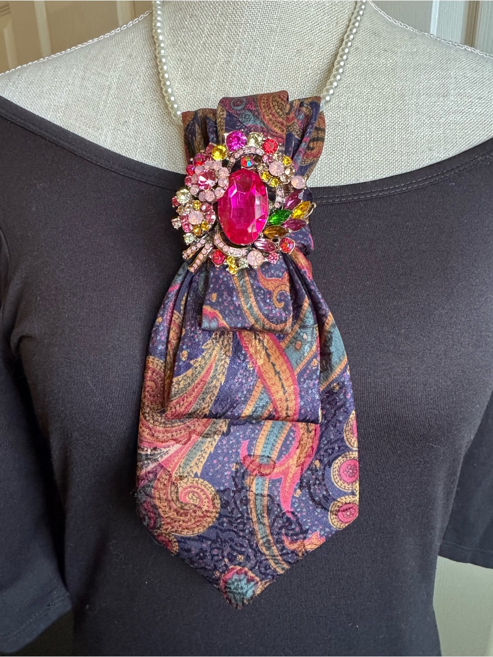 Multicolor Paisley Tie Necklace with Fuchsia Gem Brooch